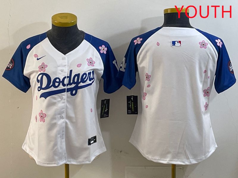 Youth Los Angeles Dodgers Blank White Blue Sakura Edition 2025 Nike MLB Jersey style 1->youth mlb jersey->Youth Jersey
